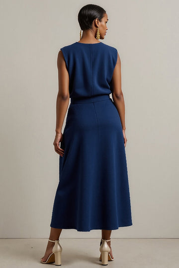 Navy Round Neck Sheath Maxi Work Dress